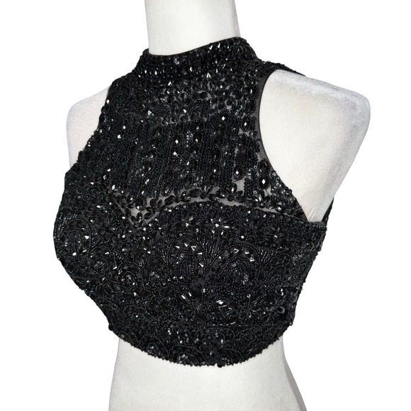Vintage Tops - 90s Evening Vintage Beaded Halter Crop Top XS 2 Black Sheer Backless Fairy Party